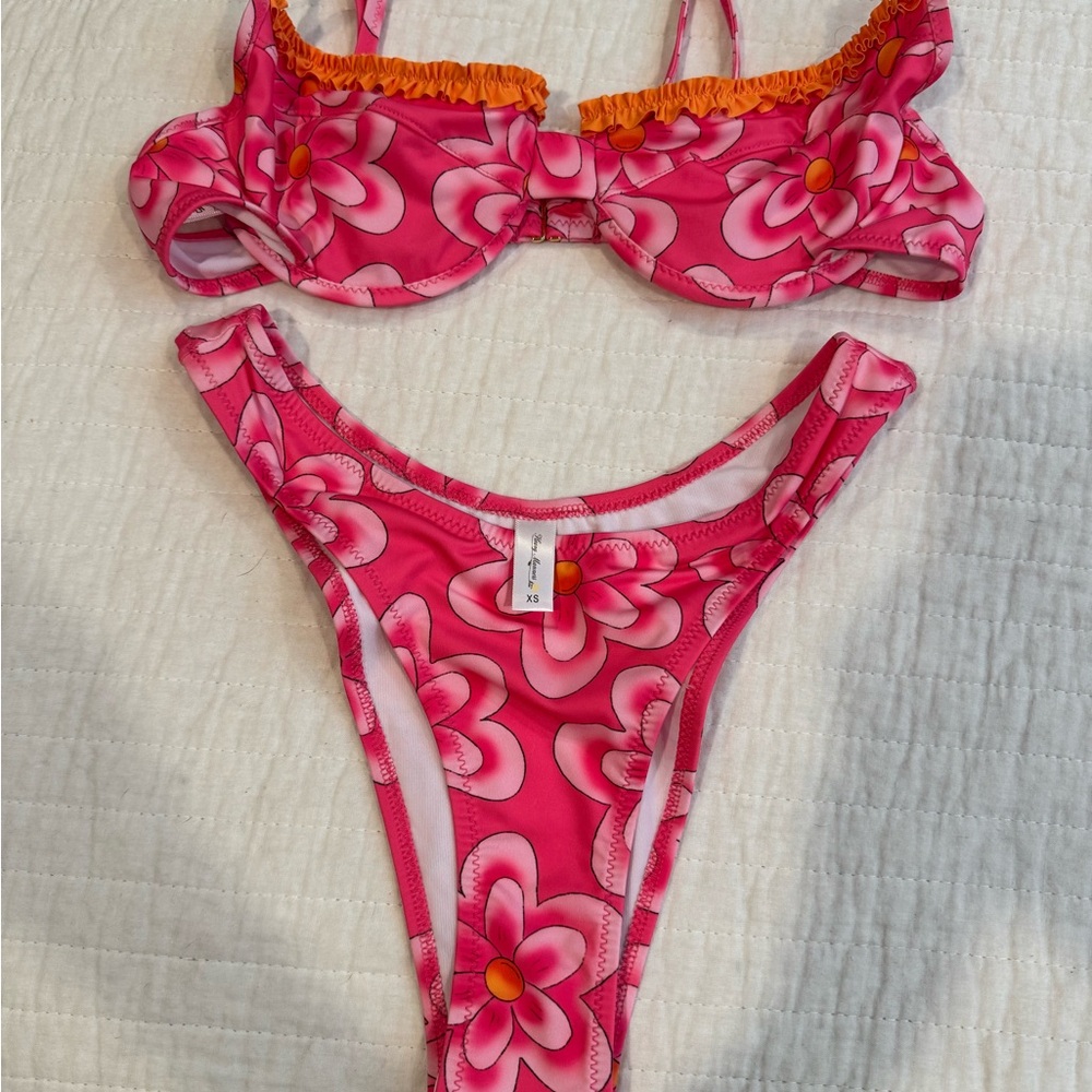 Heavy Manners Pink Floral Two-Piece Bikini with Orange Trim